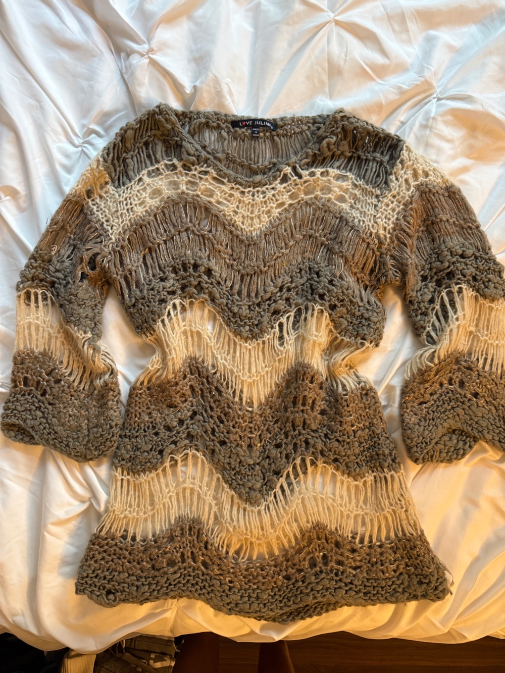 Beautiful Open Knit Cozy Cover Up Knit Sweater Cream Grey Brown Sequin